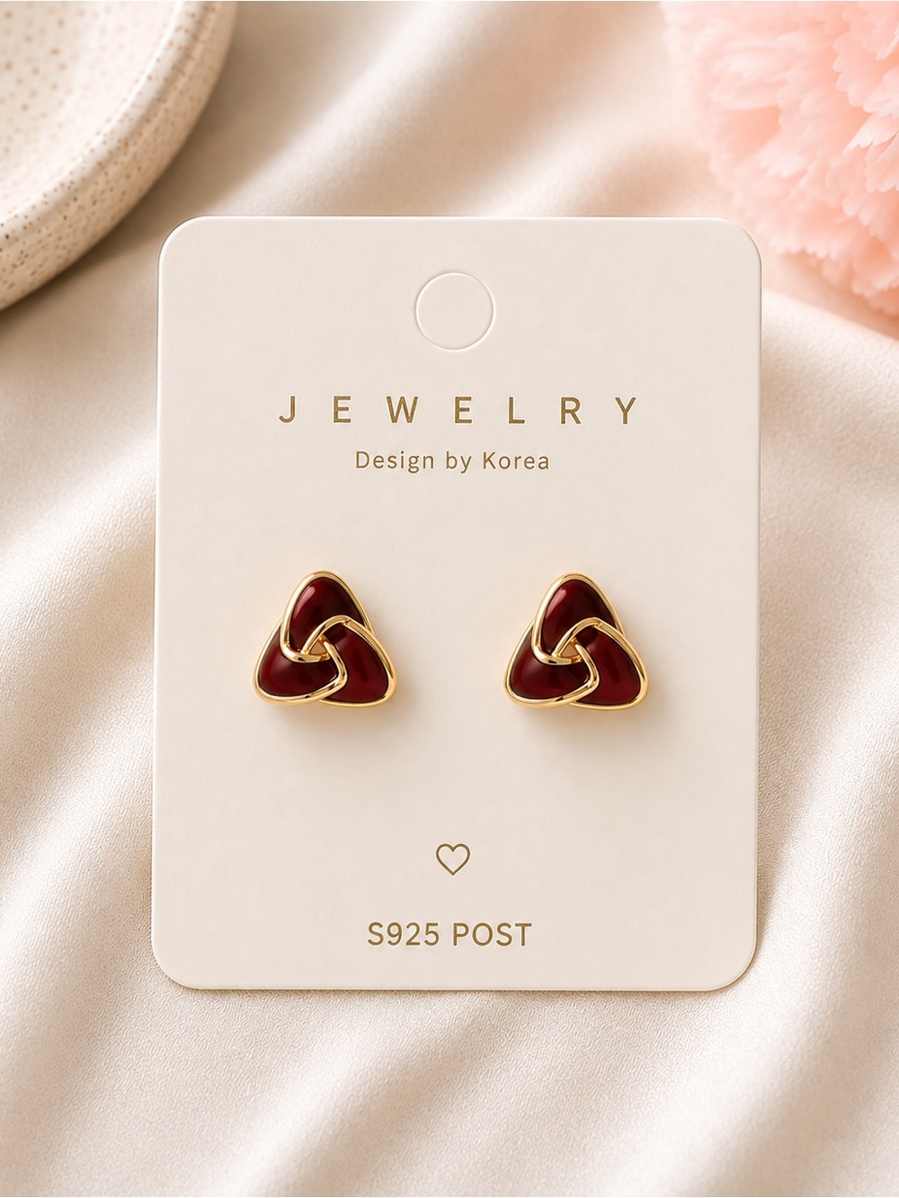 Gold & Burgundy Tri-Loop Stud Earrings -